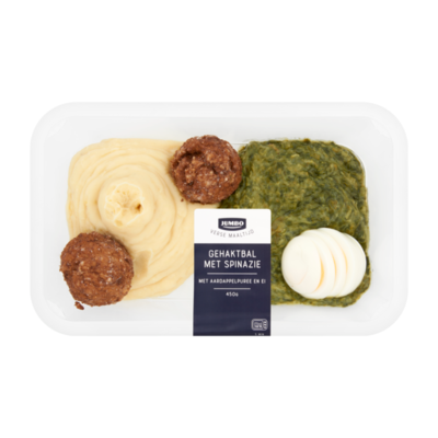 Huismerk Verse Maaltijd Spinazie, Aardappelpuree, Ei en Gehaktballen